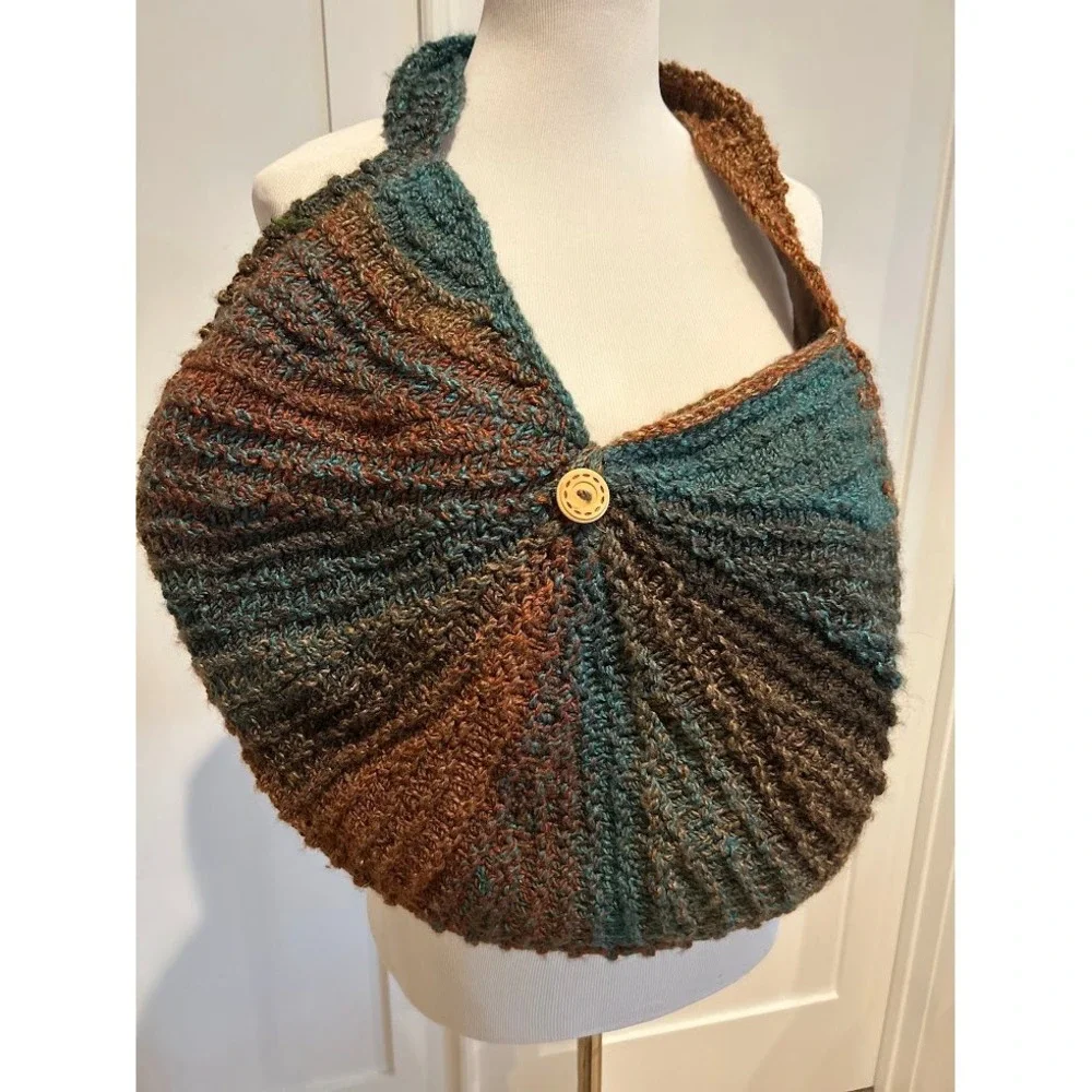Crocheted Shoulder Bag Boho Artisan‎ Button Detail Teal Brown